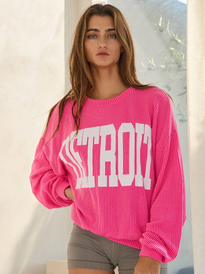Fuchsia T1770-DETROIT 'DETROIT' Comfy Oversize Graphic Sweatshirt for wholesale on Faire