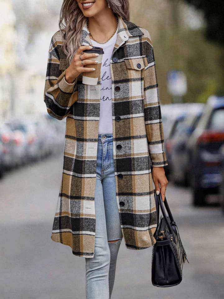 eLook - Vente Manteau – femme - Manteau long boutonné à carreaux SZ1-JK821119