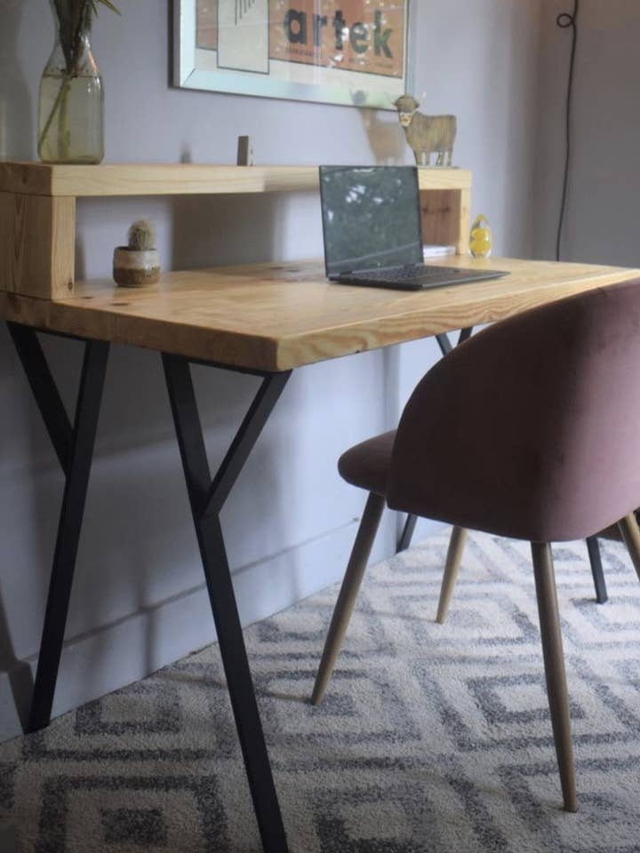 Industrial Redwood Pine Desks with Black Steel Legs - Mid-Century Modern Home Office Furniture Riser Shelf Rustic for wholesale by James's Workshop