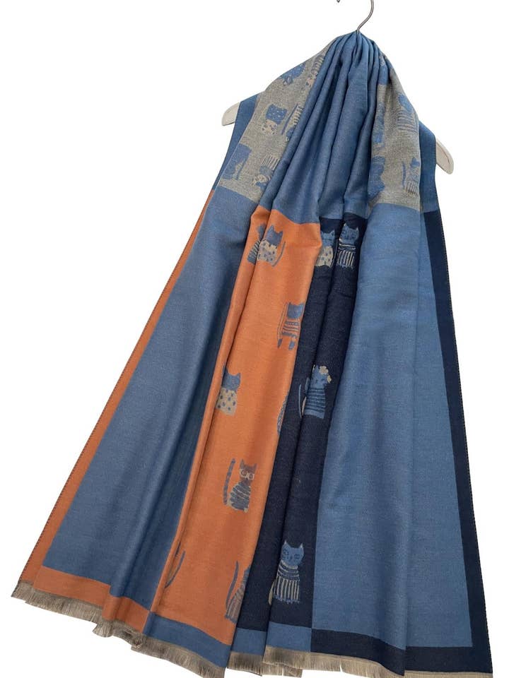 Beidseitig ausgefranster Schal mit Katzenmuster in Blockfarben für den Großhandel von Fashion Scarf World