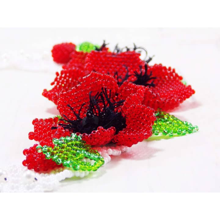 Ninolia - Venta al por mayor Collares de cuentas/perlas - Collar de 3 flores de amapola roja, pieza llamativa, collar de flor roja grande, joyería natural