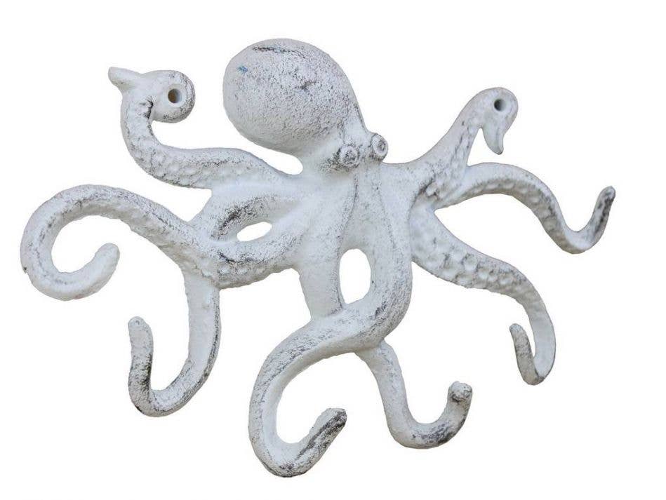 Hampton Nautical - Wholesale Wall Hook - Rustic Whitewashed Cast Iron Octopus Hook 11"2