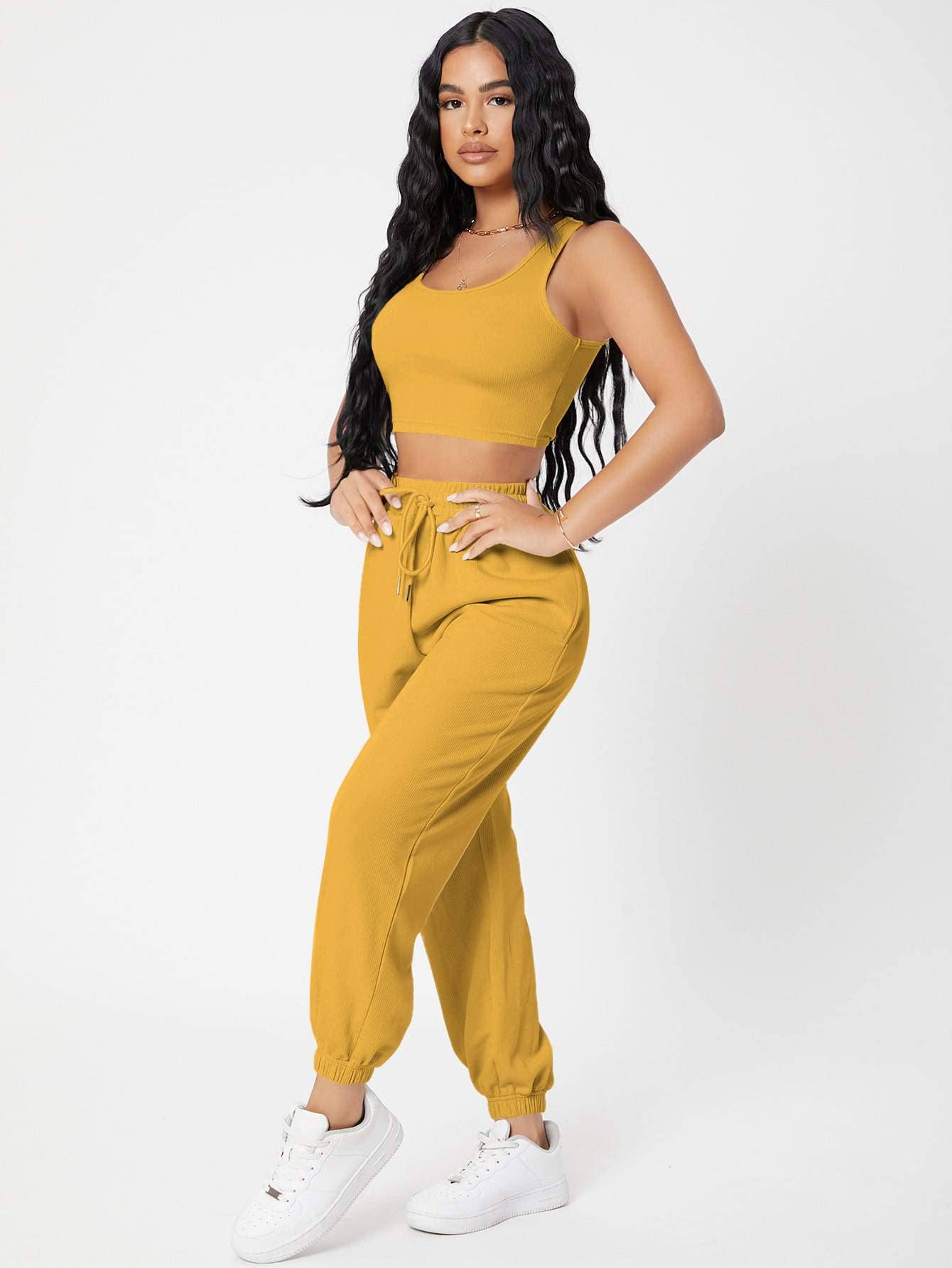 Fashion Combination - Wholesale Lounge set – Women's - petite solid crop tank top and joggers set8