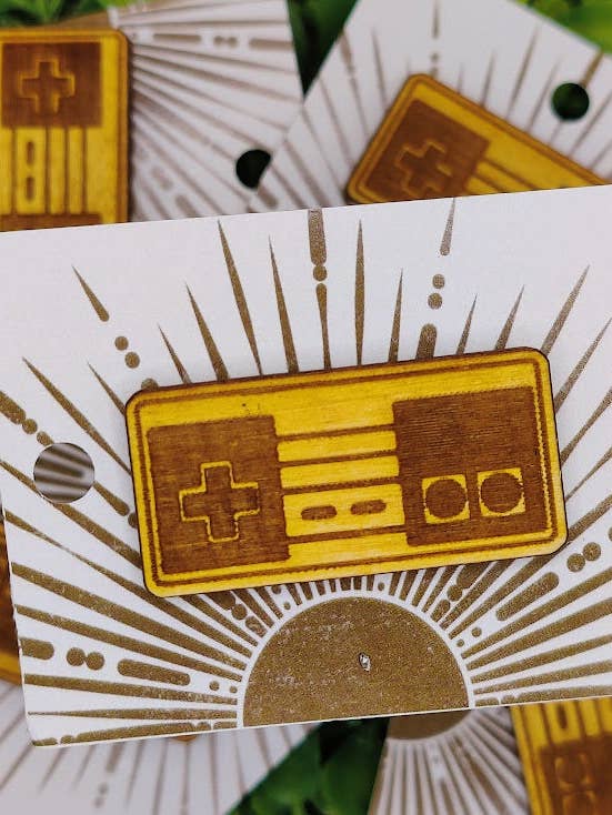 Retro Wood Pin Nintendo Game System Controller Vintage Gamer 1990s Mario Bros Pin Accessories Collector Video Game Systems Player Backpack for wholesale by Greyrose Co
