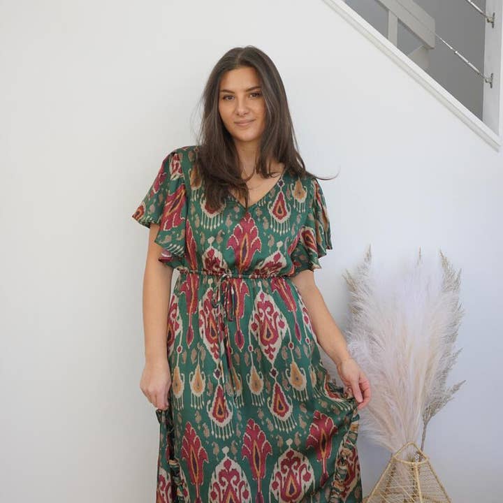Carter Midi Dress - Vert Ikat and other Purchase Wholesale ikat print fabric. Free Returns & Net 60 Terms on Faire trending on Faire.