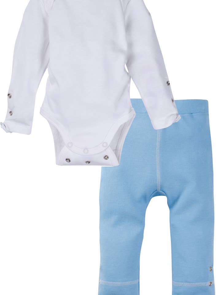 White Bodysuit and Solid Blue Pant Outfit - Long Sleeve for wholesale by Miracle Blanket- The #1 Pediatrician-recommended Swaddle