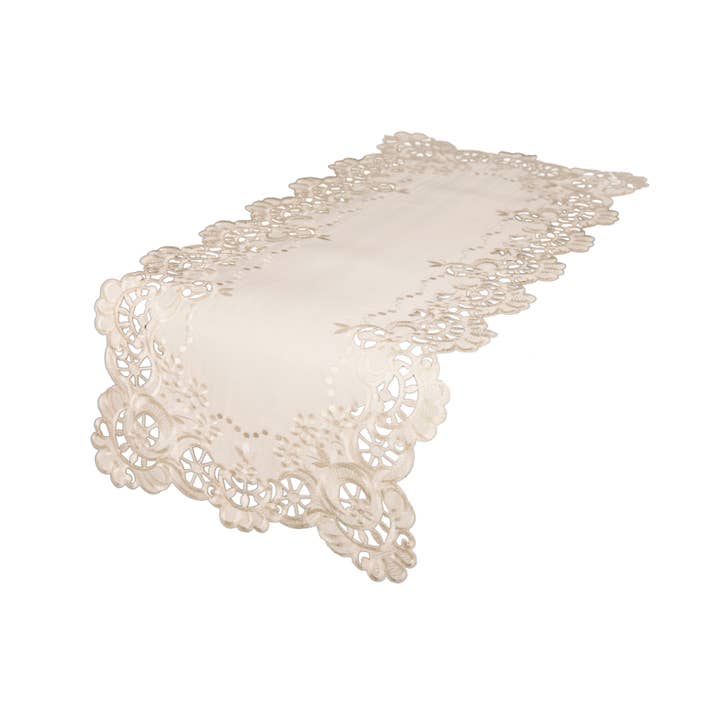 15"x 34" Scalloped Lace Embroidered Table Runner for wholesale by Xia Home Fashions & Manor Luxe