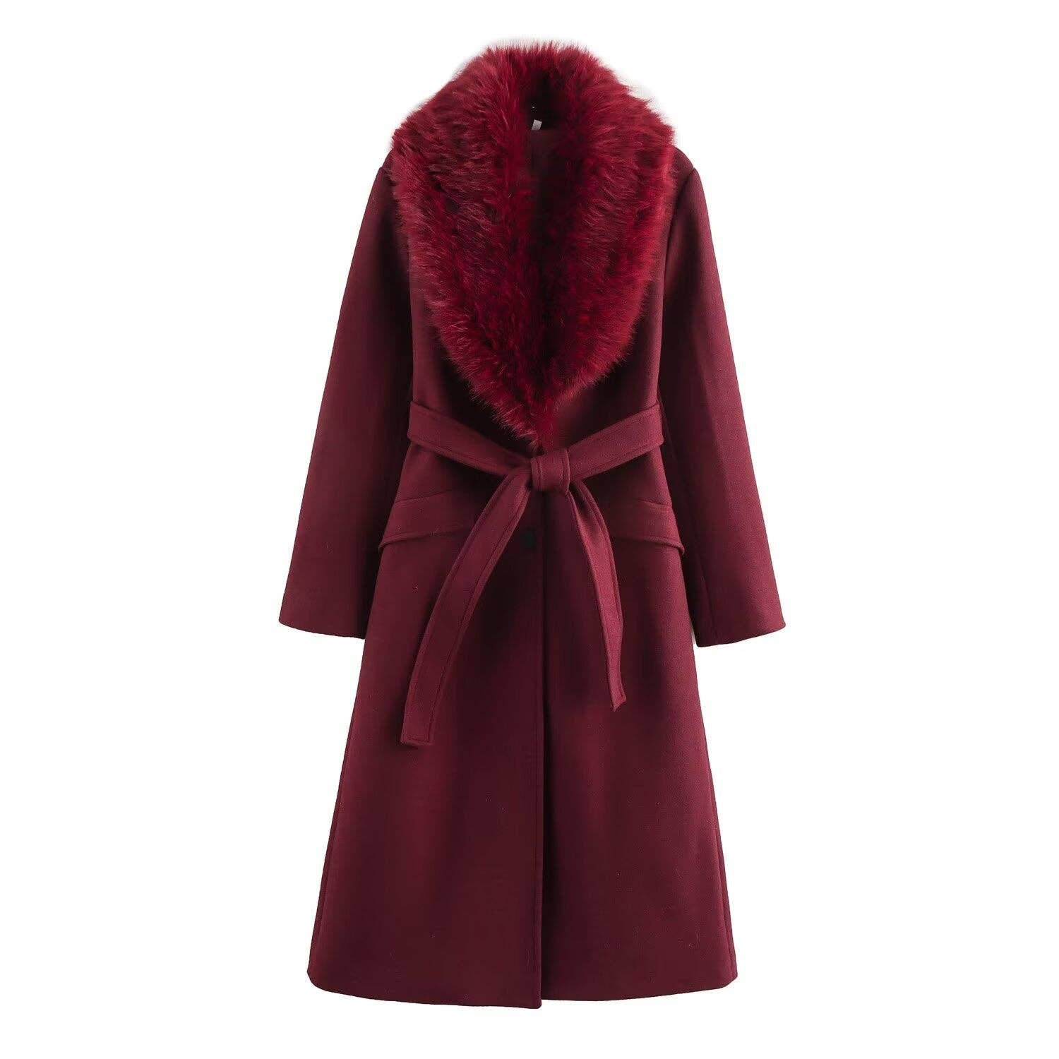 Marayn – wholesale Fur/faux fur coat – Women's – Chic Faux Fur Collar Belted Wool Coat 2025 Spring0