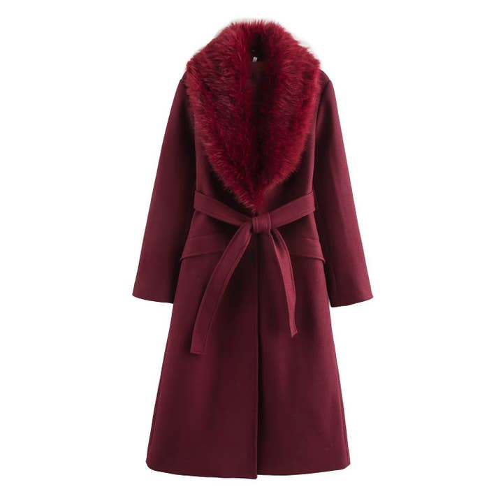 Marayn – wholesale Fur/faux fur coat – Women's – Chic Faux Fur Collar Belted Wool Coat 2025 Spring