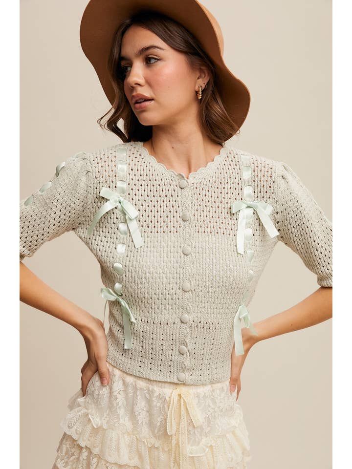 Listicle - Wholesale Cardigan - Women's - Pastel Knit Cardigan with Satin Bow Details