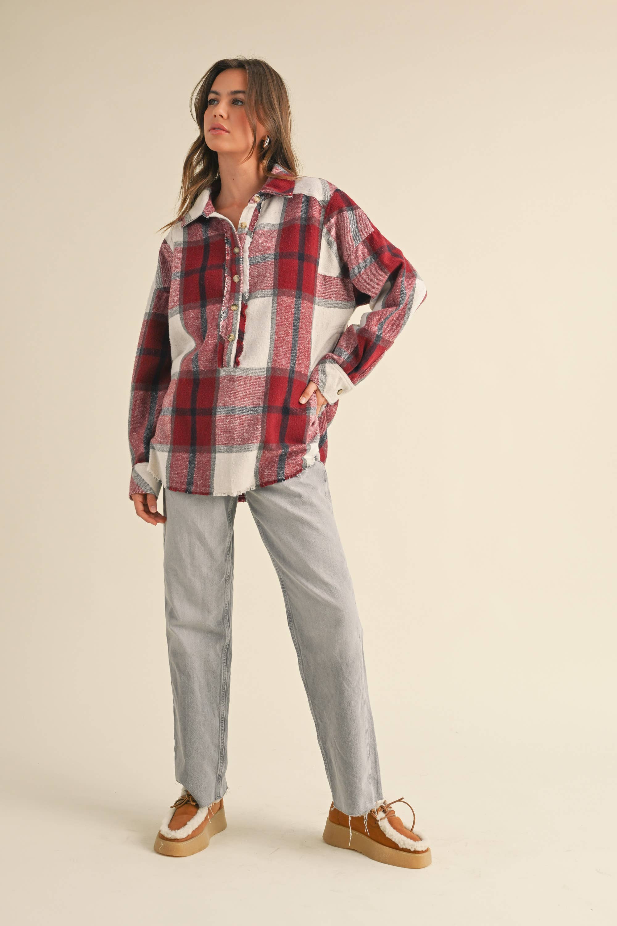 MIOU MUSE – wholesale Buttoned-down shirt – Women's – T3847   PLAID PATTERN PULLOVER TOP WITH POCKET8