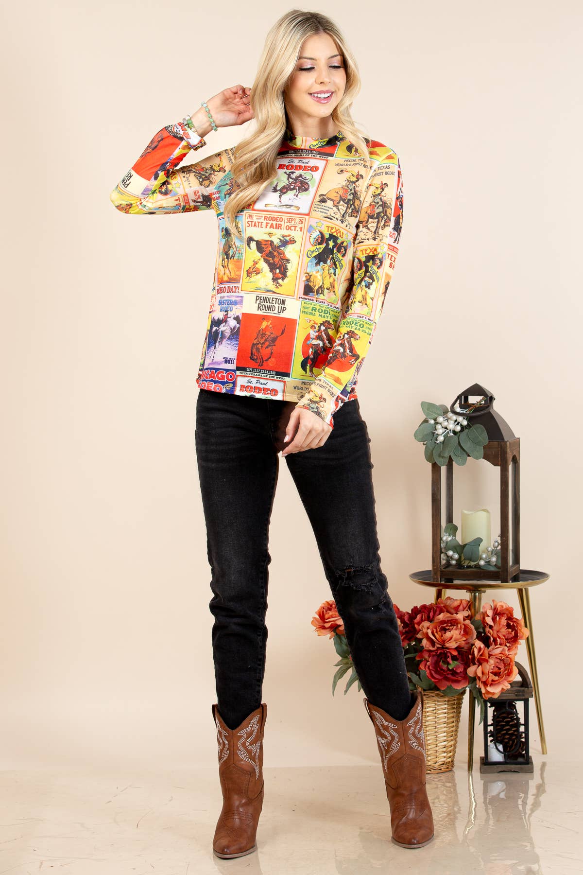 T1502-5615-Norma Cowboy Assorted Print Mesh Top for wholesale on Faire2