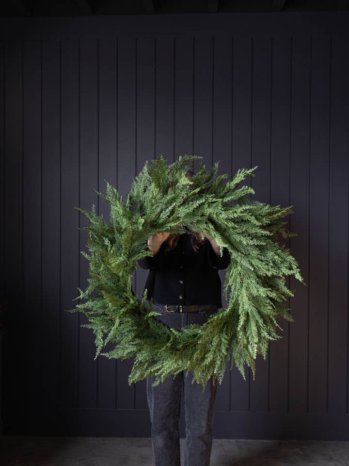 Cypress Leaf Full Real Touch Wreath - 34" for wholesale by Luxe B Co
