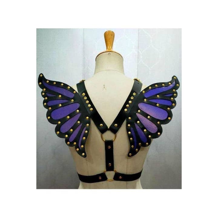 Faux Leather Purple/Gold Butterfly Wing Harness for wholesale by Daisy Corsets