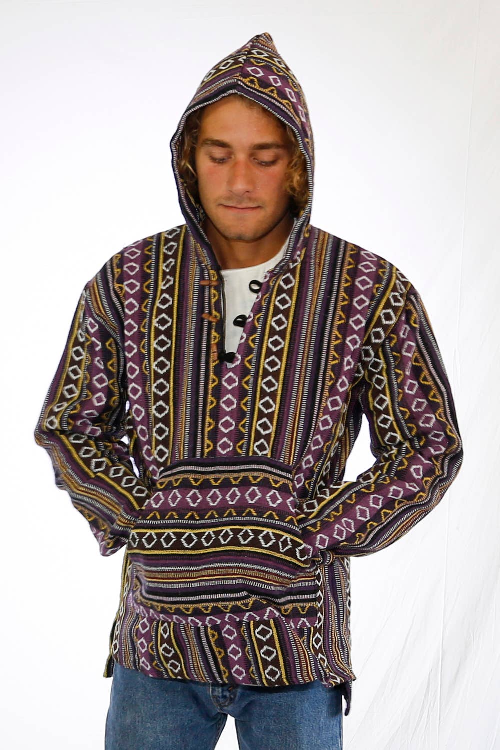 Sunshine Joy - Wholesale Hoodie - Unisex - Woven Baja Style Hoodie Pullover Purple/Gold1