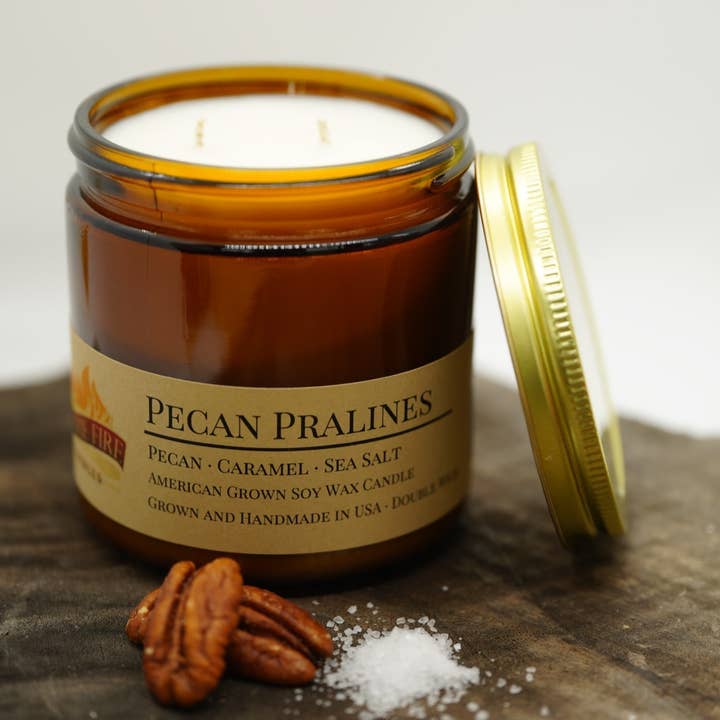 Pecan Pralines Soy Wax Candle | 16 oz Double Wick Amber Apot for wholesale by Prairie Fire Candles