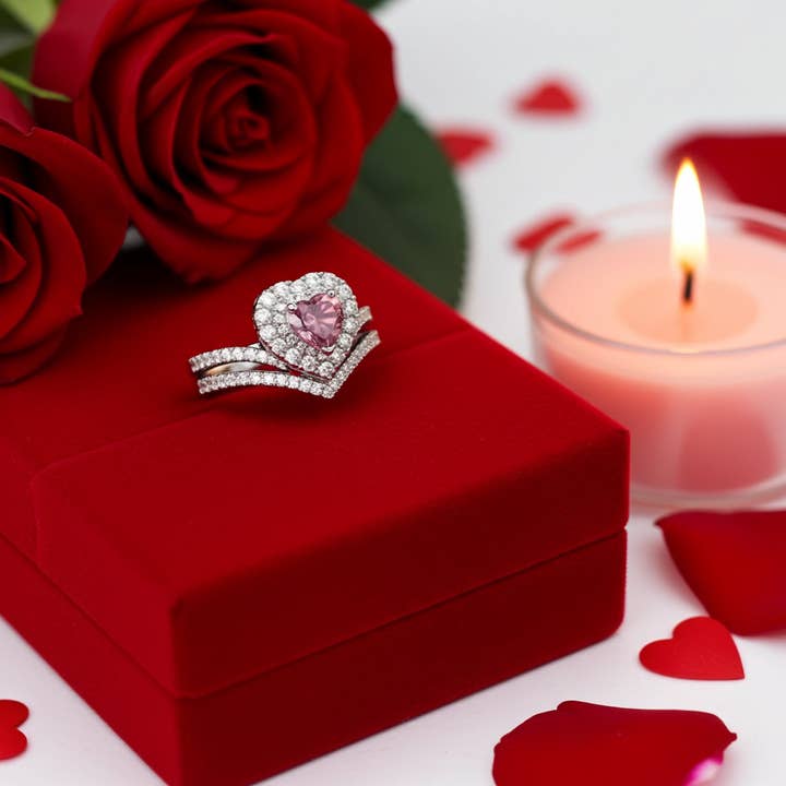 King of Bling's 1.66 CT Women's 925 Silver White VVS 'D' Pink Moissanite Heart Bridal Ring SZ 7 for wholesale by KING OF BLINGS