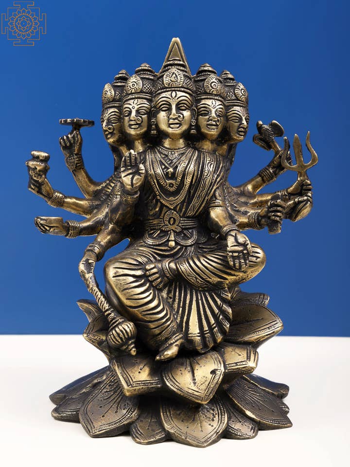 9" Brass Goddess Gayatri Seated on Lotus Pedestal for wholesale by Exotic India Art