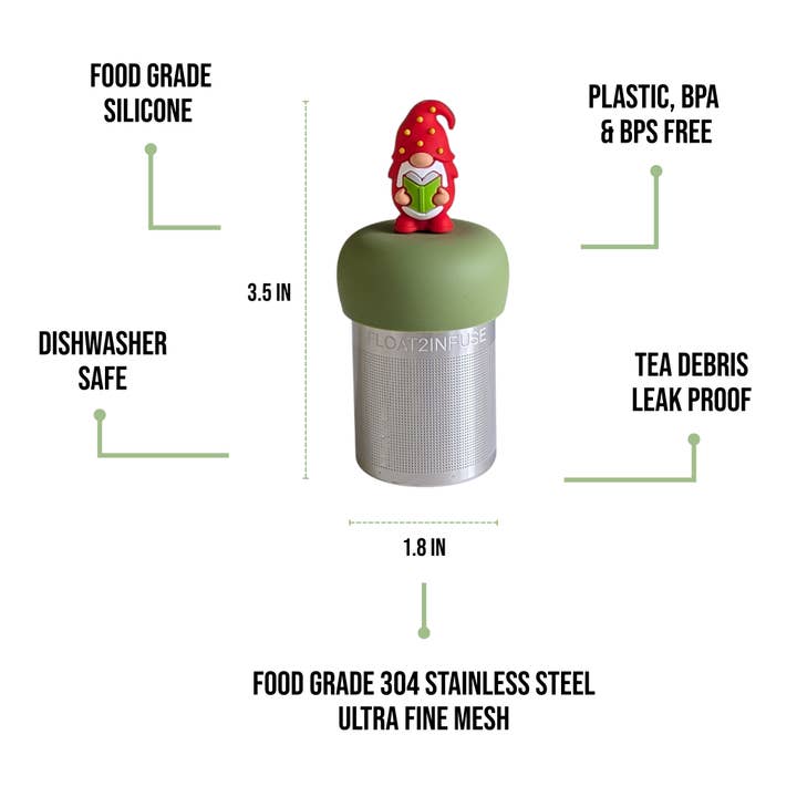 Float2infuse Tea Infuser - Wholesale Tea strainer/infuser - Christmas Carol Gnome | Floating Tea Steeper | Green Base4