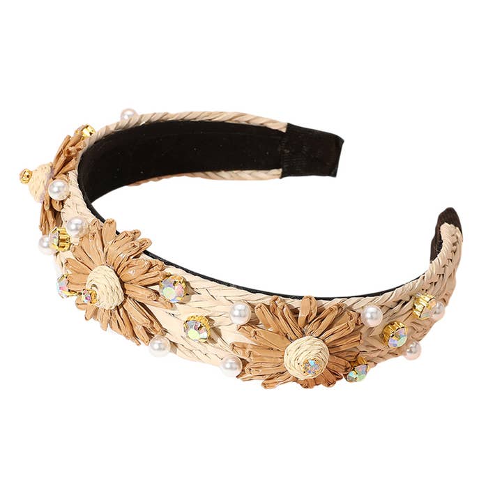 Sensibling Corp. - Wholesale Fashion Headband - Women's - Paper Flower Pearl Stone Cluster Raffia Braided Headband