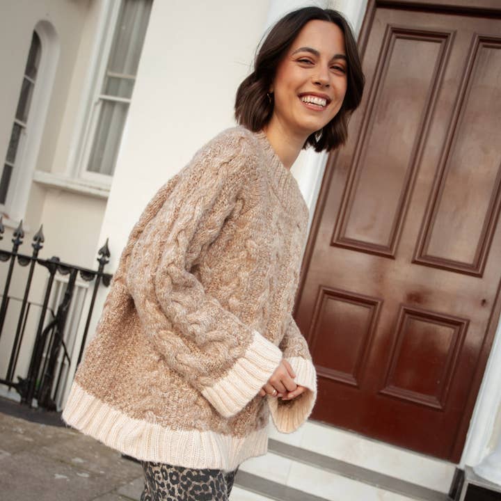 Cara & The Sky - Wholesale Knit Sweater - Women's - Jennie Cable High Neck Balloon Sleeve Jumper - Beige8