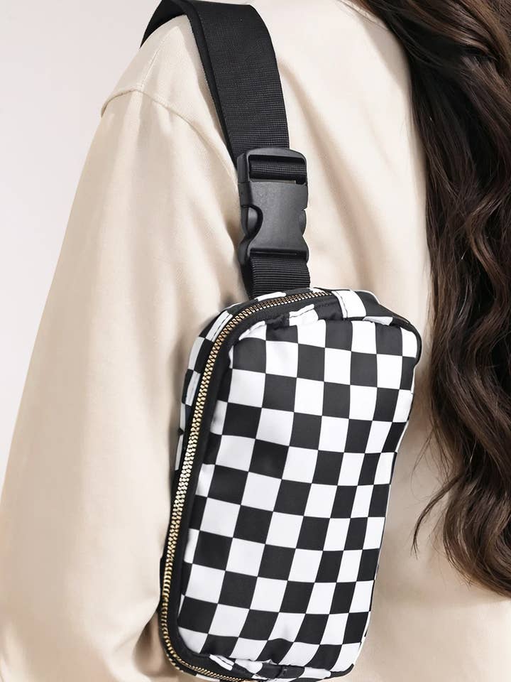 Checkered Print Buckle Wide Belt Crossbody Bag for wholesale by LA Society