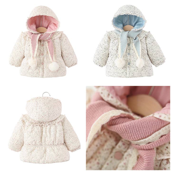 Baby Girls Winter Padded Coat Hooded Floral Jacket with Scarf Thick Warm Cotton Jacket for wholesale by Auraquise