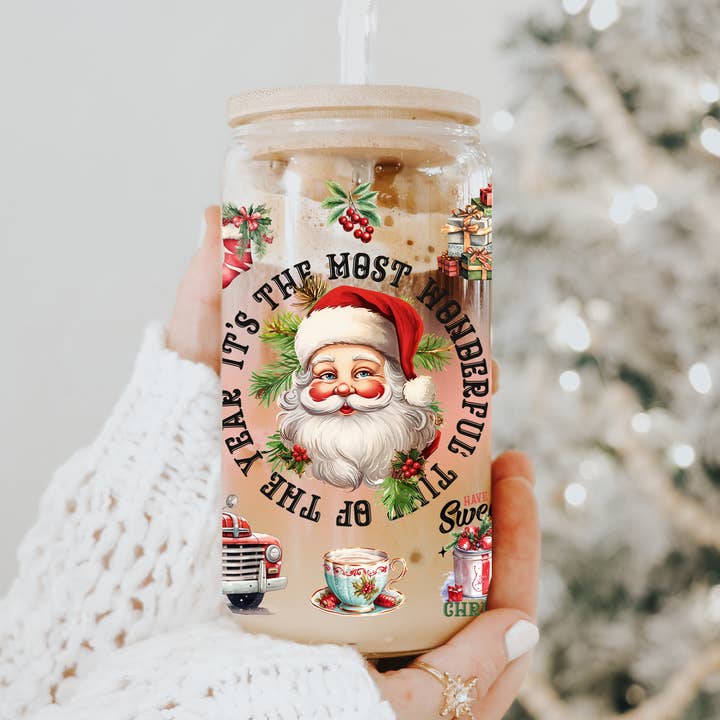 Gia Roma - Wholesale Drinking Glass/Cup - Candy Cane Christmas Can Glass. Cup With Glass Straw & Lid97