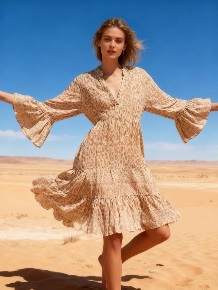 Robe tunique à imprimé Léopard, boutonnée devant col V pour la vente par last queen