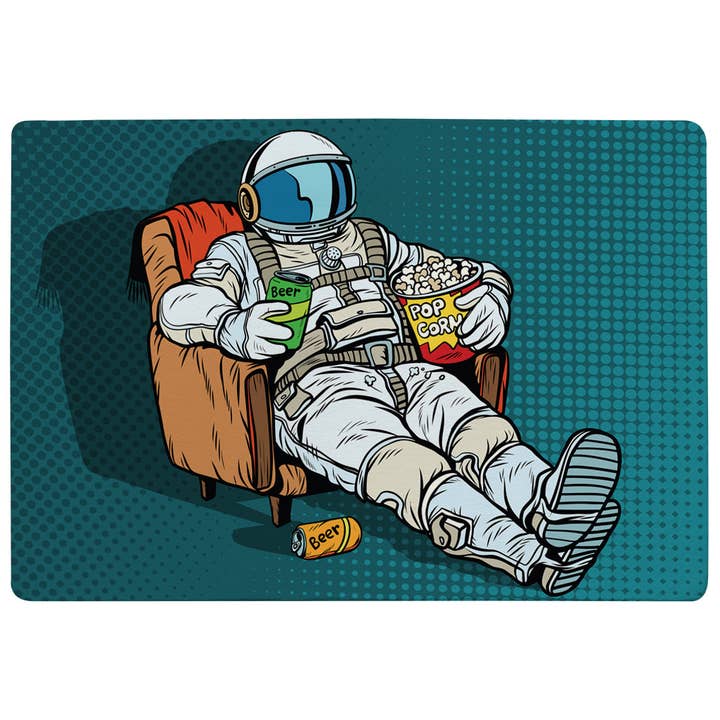 Astronaut the audience with beer and popcorn sitting in a chair. loneliness in space. Pop art retro (Rug) for wholesale by Benjamin Tate Design