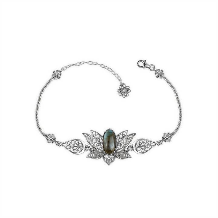 Filigranist Jewelry - Wholesale Link & Chain Bracelet - Multi Gemstone Women Silver Lotus Flower Link Bracelet8