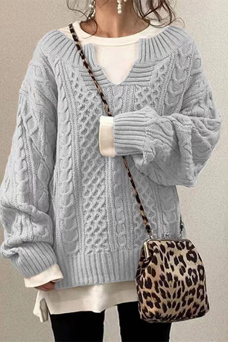 NINEXIS - Wholesale Knit Sweater - Women's - CWOSWL07652_SOLID COLOR LOOSE LONG-SLEEVED CABLE SWEATER3
