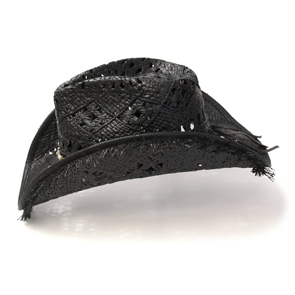 Western Express - Vendita all'ingrosso Cappello da cowboy - Donna - Cappello Western Nero in Paglia con Frangia e Fronte Pizzicata4