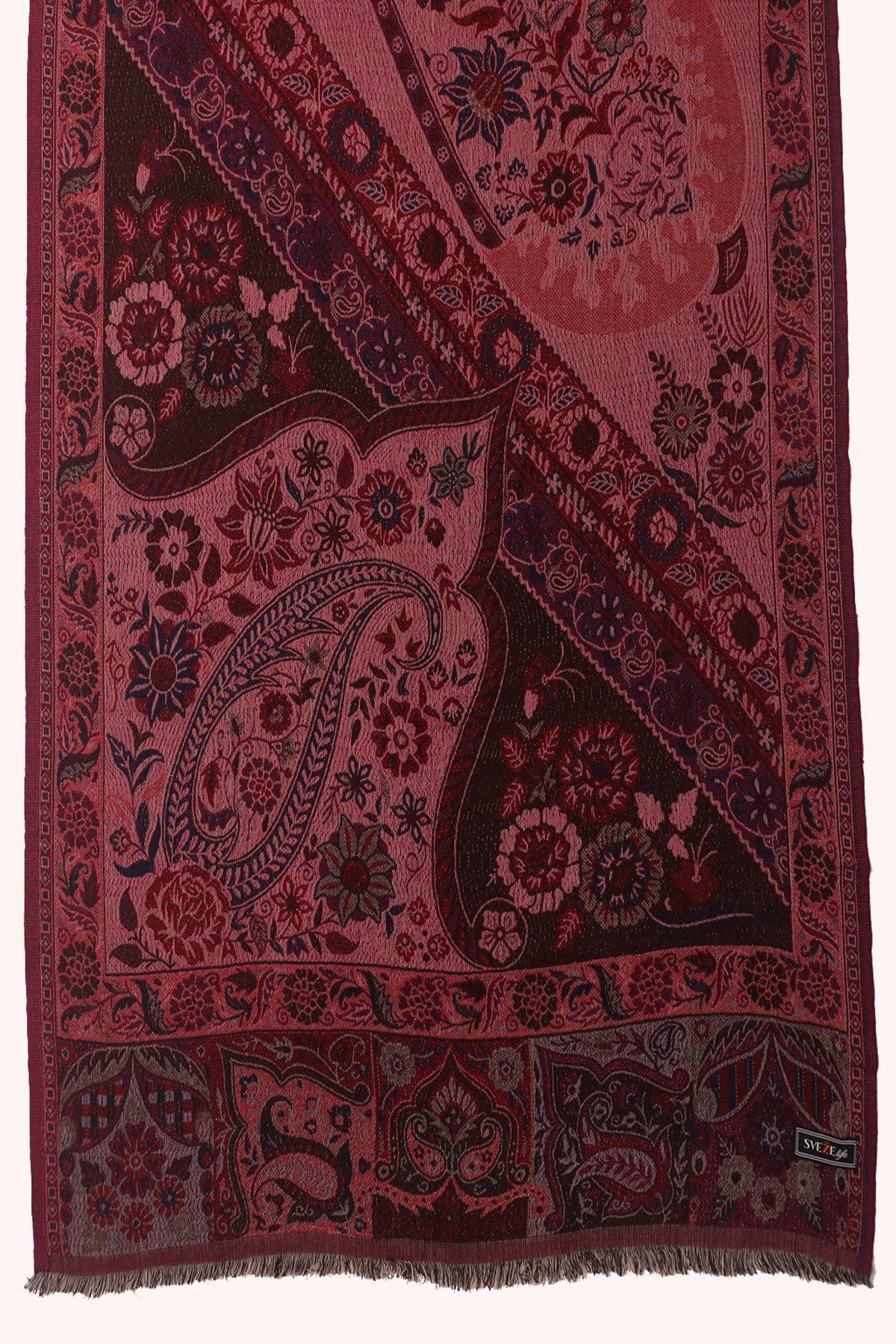 SVEZElife - Wholesale Scarf - Women's - Dual Tone Paisley Jacquard Cotton Viscose Scarf - Magenta Brown | SVEŽElife5