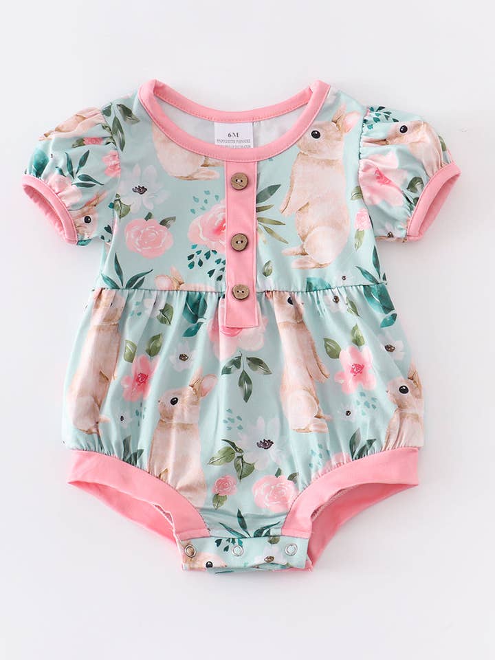 Rylee Faith Designs - Wholesale Bodysuit (Non-Footed) - Baby - Blue Rabbit Floral Baby Romper