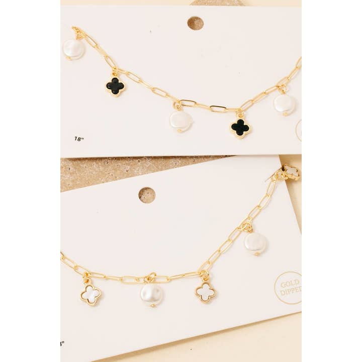 Anarchy Street – wholesale Link & chain necklace – Gold Dipped Pearl And Clover Charms Chain Necklace2
