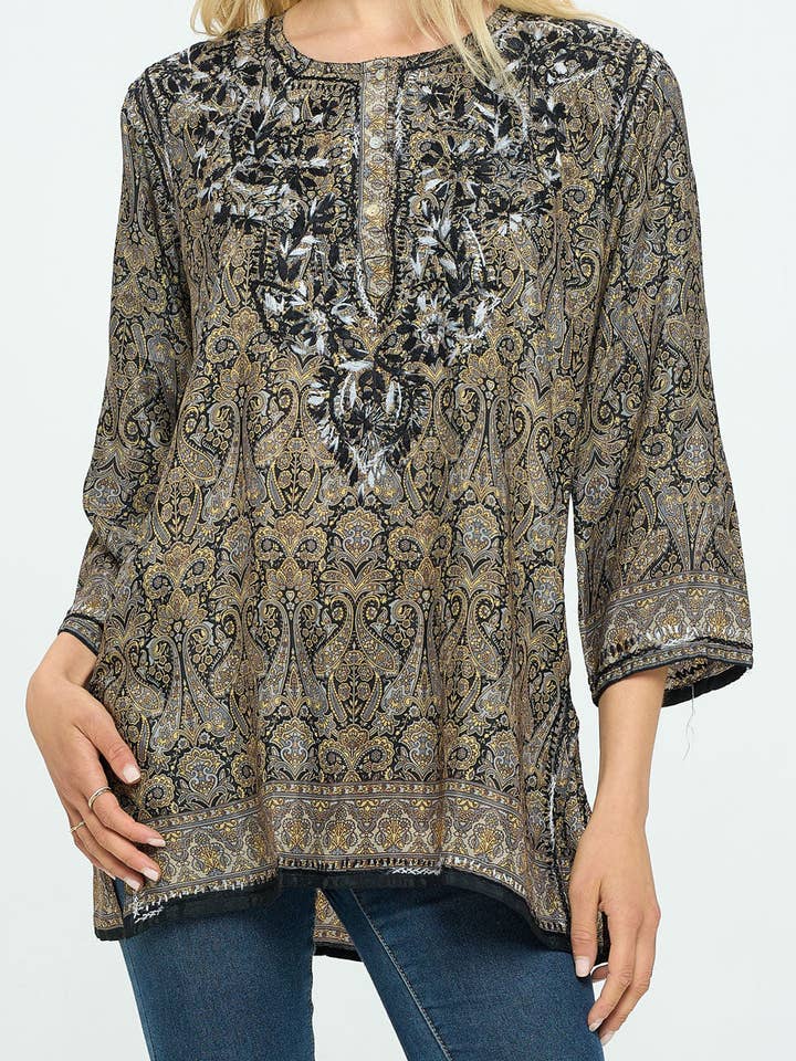 Black and Beige Tunic With Hand Embroidery for wholesale by Culture Spot