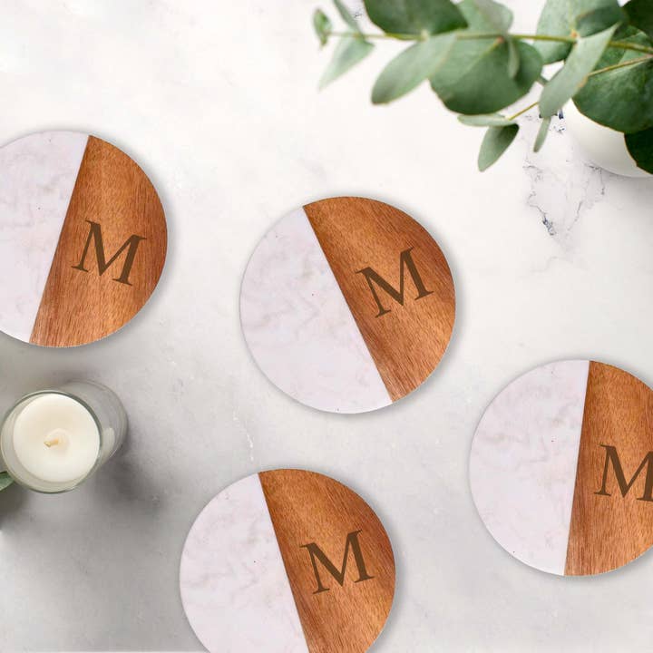 Creative Gifts International Inc. - Wholesale Coasters - Set Of 4 White Marble and Acacia Wood 4" Round Coasters2