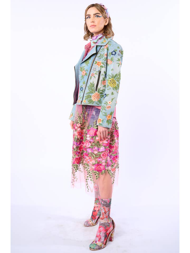 Lucinda Embroidered Denim Motorcycle Jacket for wholesale on Faire8