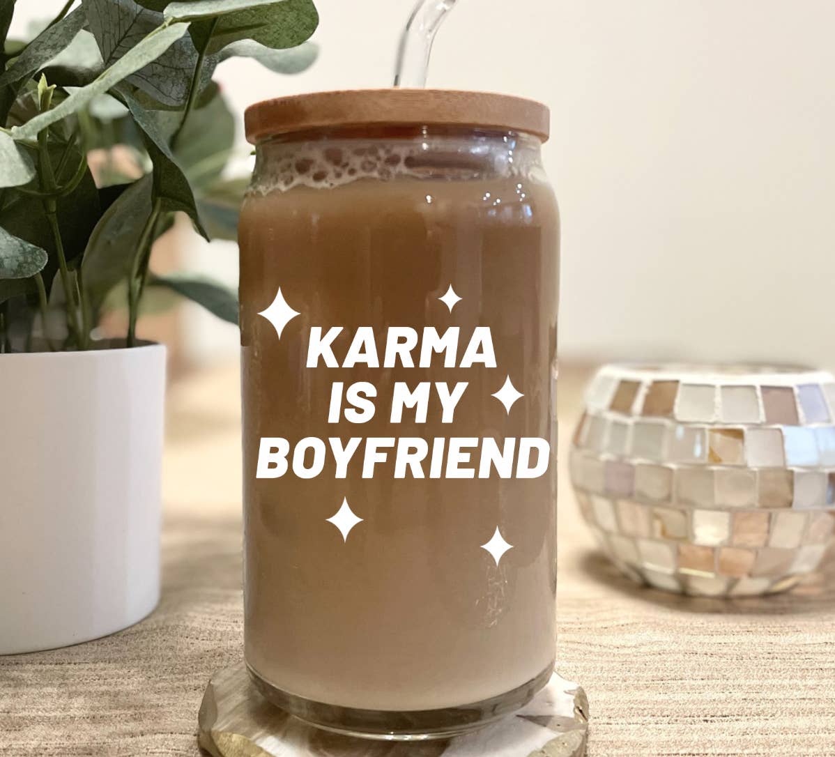 Instrive Design - Wholesale Drinking Glass/Cup - Karma is my boyfriend glass can, beer can glass, coffee