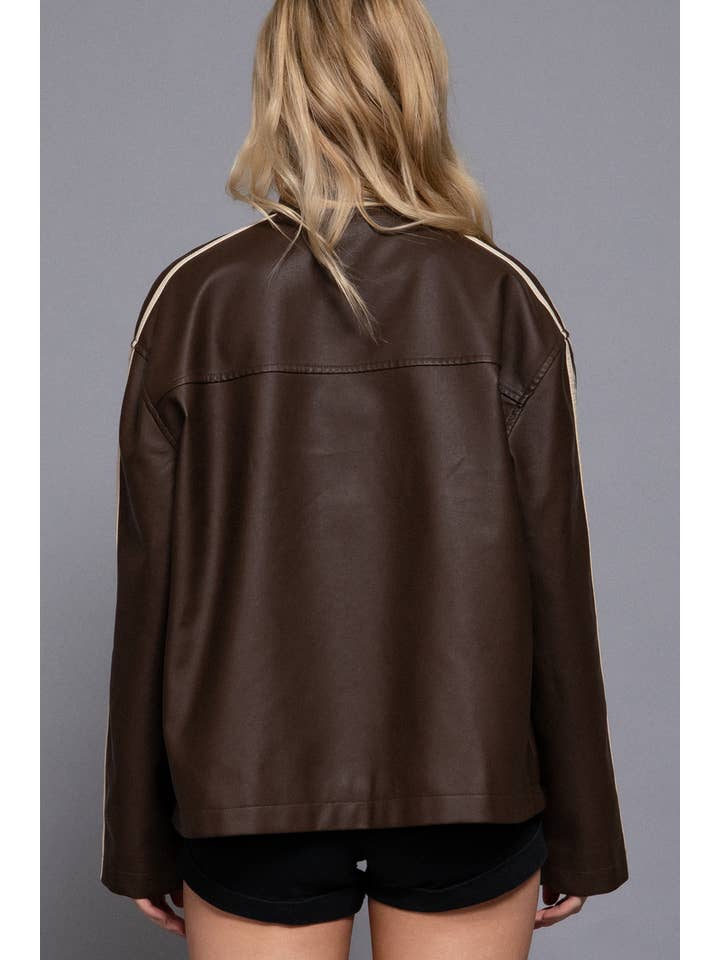 Active Basic | Active USA – wholesale Leather jacket – Women′s – Long Sleeve Line Detail Washed Effect Faux Leather Jacket6