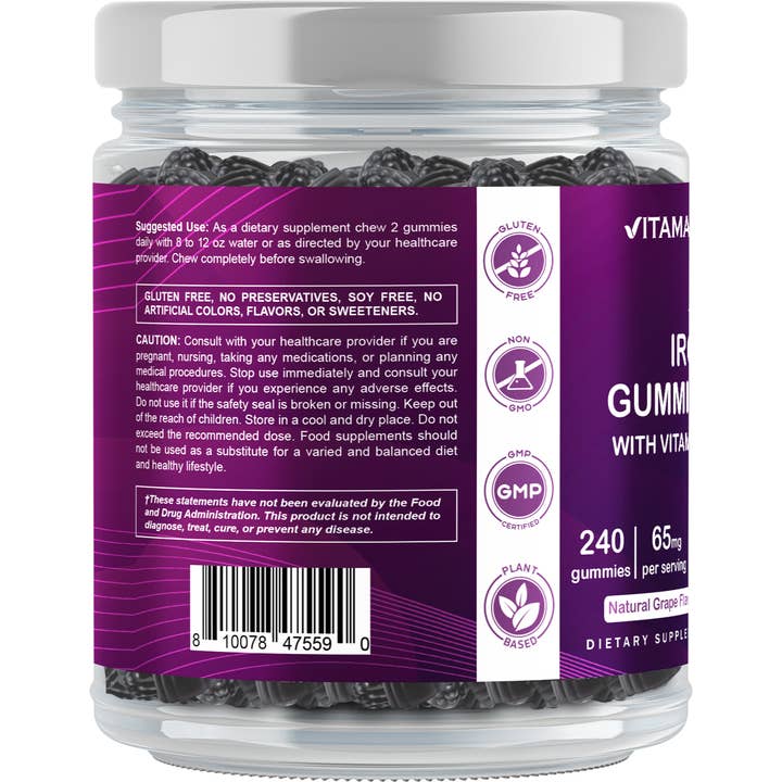 Vitamatic - Venta al por mayor Suplementos/vitaminas para beber - Vitamatic| Suplemento de Gominolas de Hierro 65 mg | 240 Gominolas Veganas