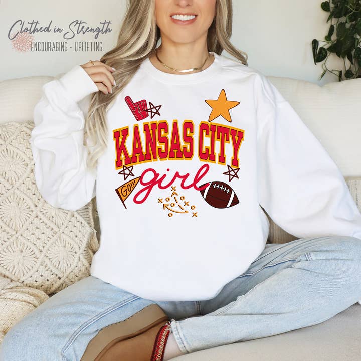 Kansas City Girl, Football Doodles Crewneck Sweatshirt for wholesale by Clothed in Strength