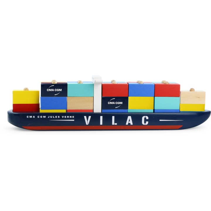 Vilac Jules Verne Container Ship – Wooden Pretend Play Boat for wholesale by Hippychick