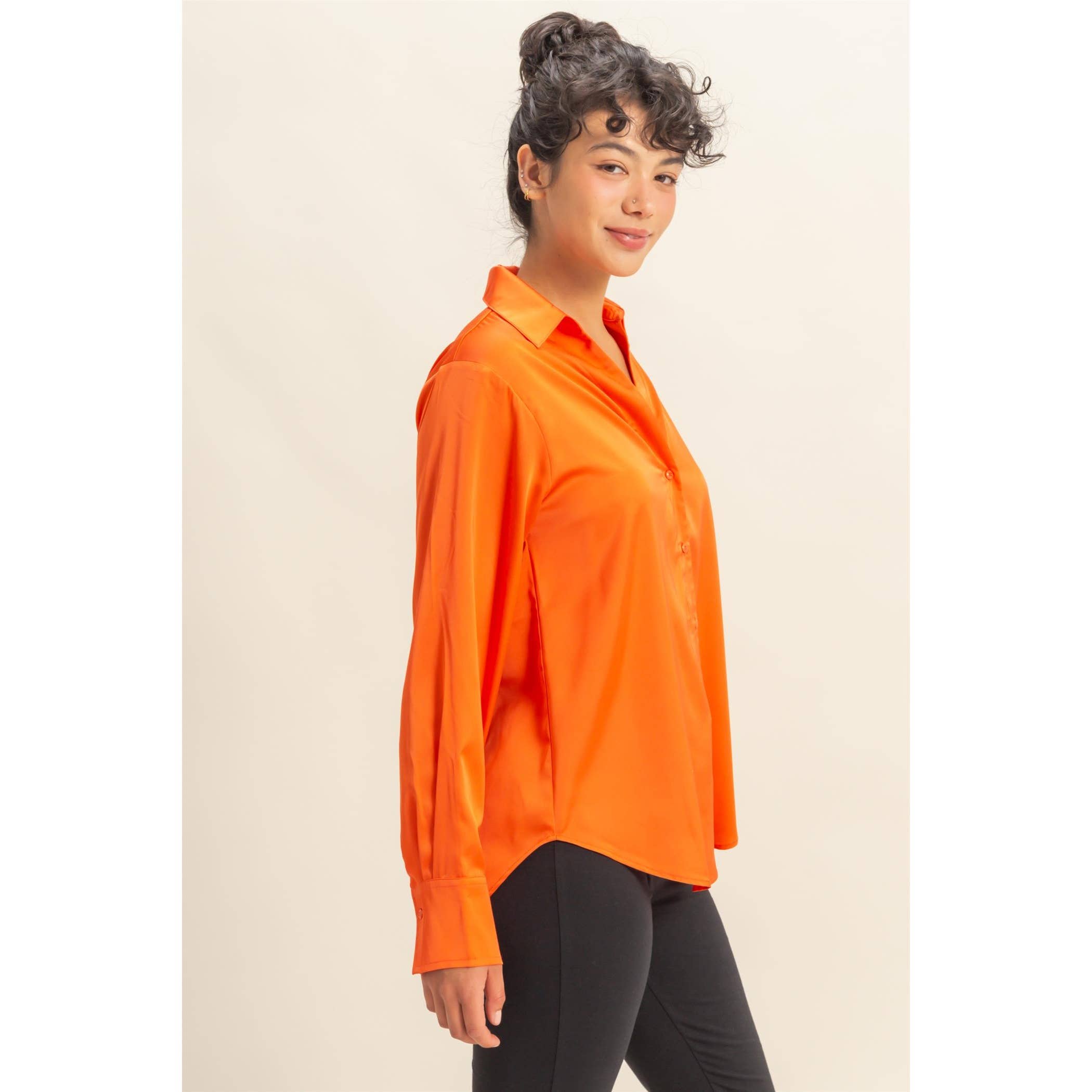 Double Zero - Wholesale Blouse - Women's - Button-Up Satin Shirt With Collared Neckline1