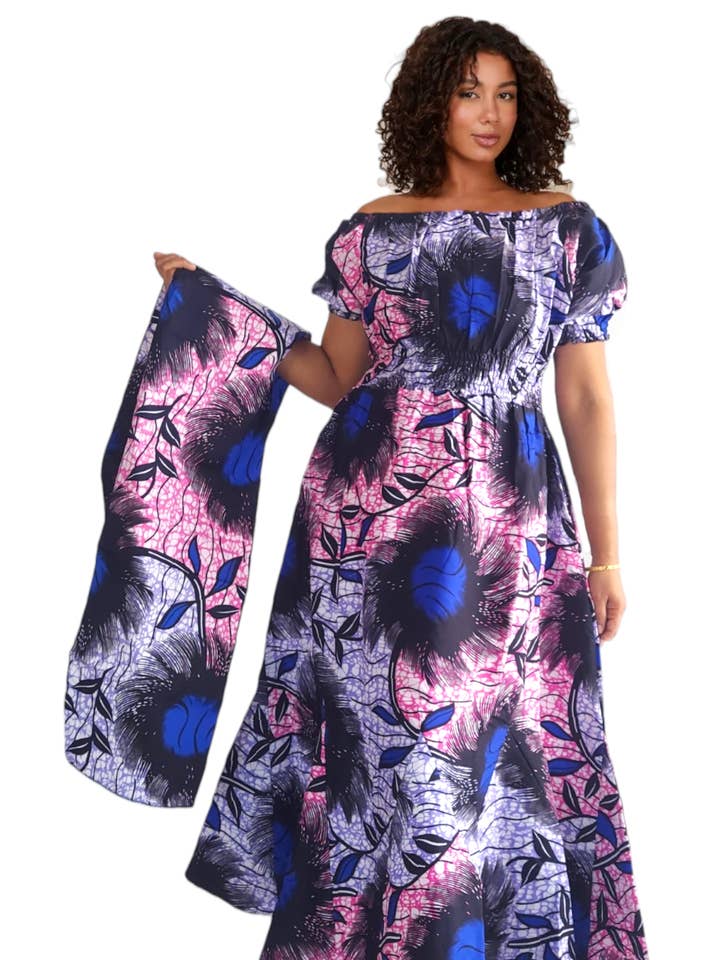 Long Printed Maxi Dress /short puff sleeve for wholesale by India Batik