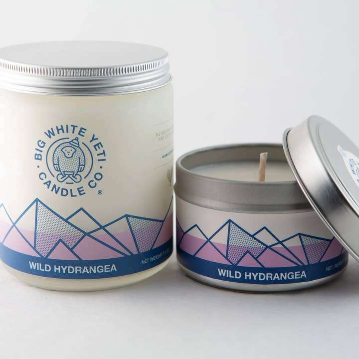 Wild Hydrangea Soy Candle - 6oz tin or 8oz glass jar for wholesale by Big White Yeti