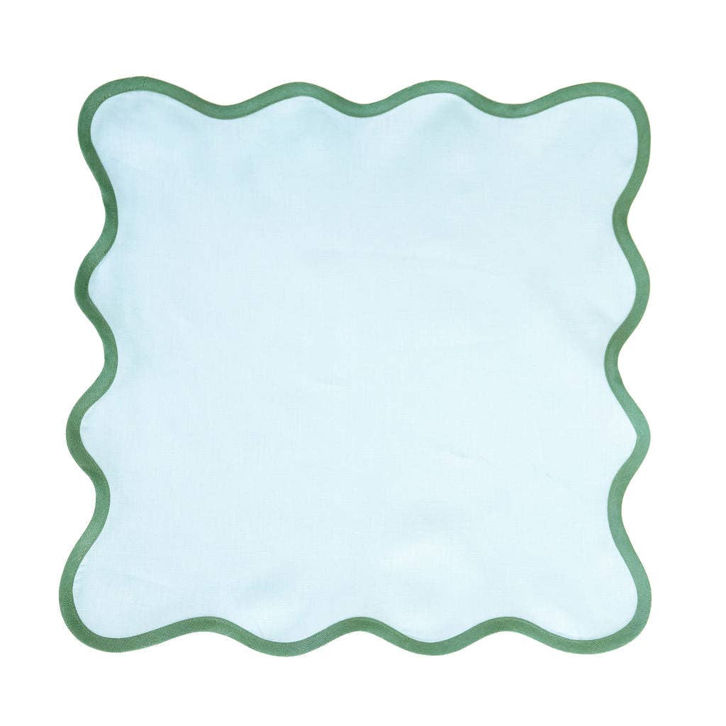 Frances Fields Home, formerly Fenwick Fields - Wholesale Dinner & Cloth Napkin - Linen Scalloped Square | Sky Blue with Pine Green (4-pack)2