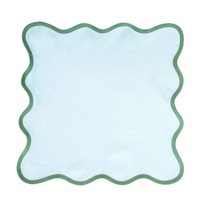 Frances Fields Home, formerly Fenwick Fields - Wholesale Dinner & Cloth Napkin - Linen Scalloped Square | Sky Blue with Pine Green (4-pack)2
