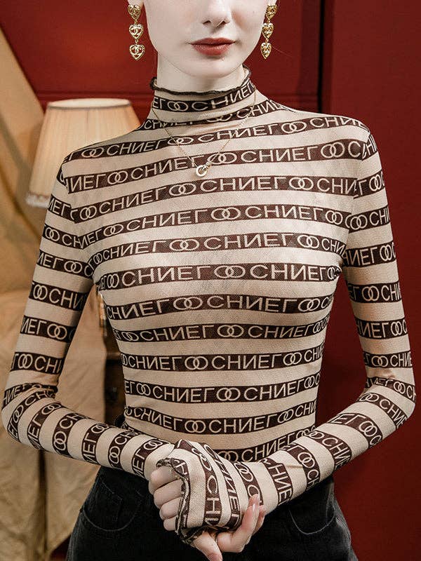 Long Sleeves Plus Size Letter Print Mock Neck T-Shirts Tops for wholesale by VividLux